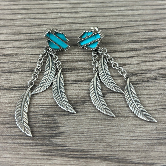 Harley Davidson 925 Sterling Silver Bar & Shield Triple Feather Dangle Earrings - Picture 1 of 5